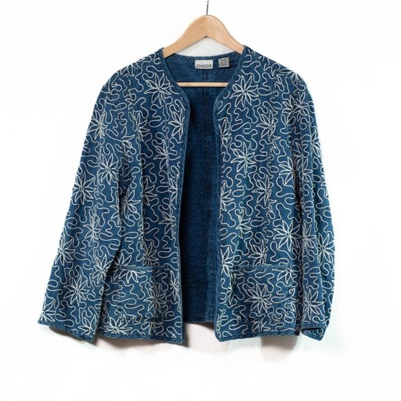 Chico’s L Linen Jacket Blue Floral Embroidered Open Front Pockets Lagenlook - Picture 1 of 5